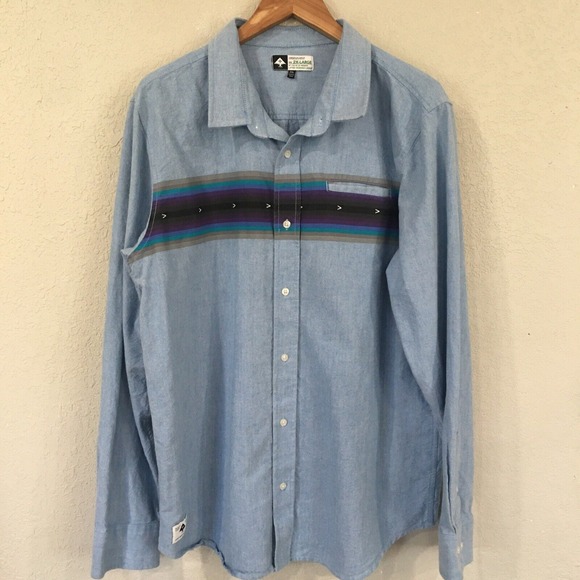Lifted‎ Research Group LRG Men 2XL Shirt Blue Button Denim Western Aztec Cotton - Picture 1 of 13
